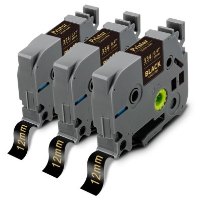 Pristar P Touch Label Tape Gold on Black TZe-334 Compatible for Brother Label Maker Tape Black 12mm 0.47 Laminated TZ Tape Gold Work with PT-D220 PT-H110 PT-D210 PT-D400 PT-P710BT PT-D200, 3-Pack