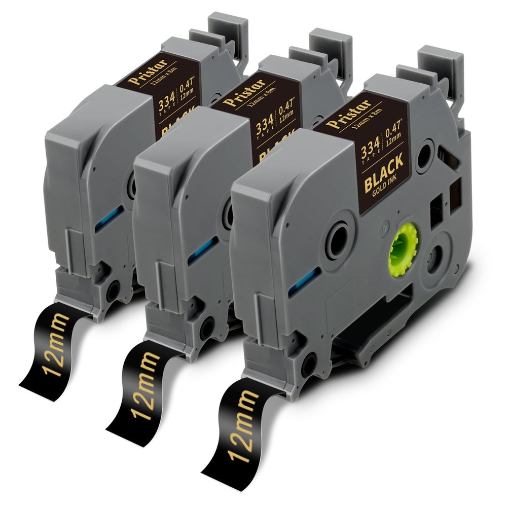 Pristar P Touch Label Tape Gold on Black TZe-334 Compatible for Brother Label Maker Tape Black 12mm 0.47 Laminated TZ Tape Gold Work with PT-D220 PT-H110 PT-D210 PT-D400 PT-P710BT PT-D200, 3-Pack