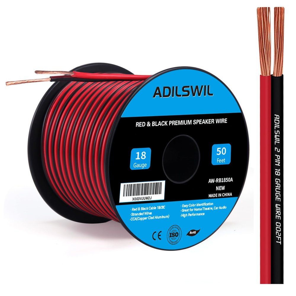 18AWG 50FT Speaker Wire, 2 Conductors Electrical Red Black Cable Hookup LED Lighting Strips Flexible Wire Extension Cord 18 Gauge Copper Clad Aluminum Copper Wire 12V/24V DC Cable