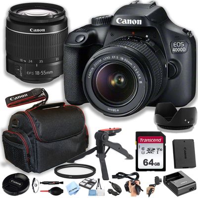 Canon 4000D(EOS Rebel T100) DSLR Camera w/EF-S 18-55mm F/3.5-5.6 Zoom Lens + 64GB Memory Card, Case, Hood, Grip-Pod, Filter, Professional Photo Bundle(23pc) (Renewed)