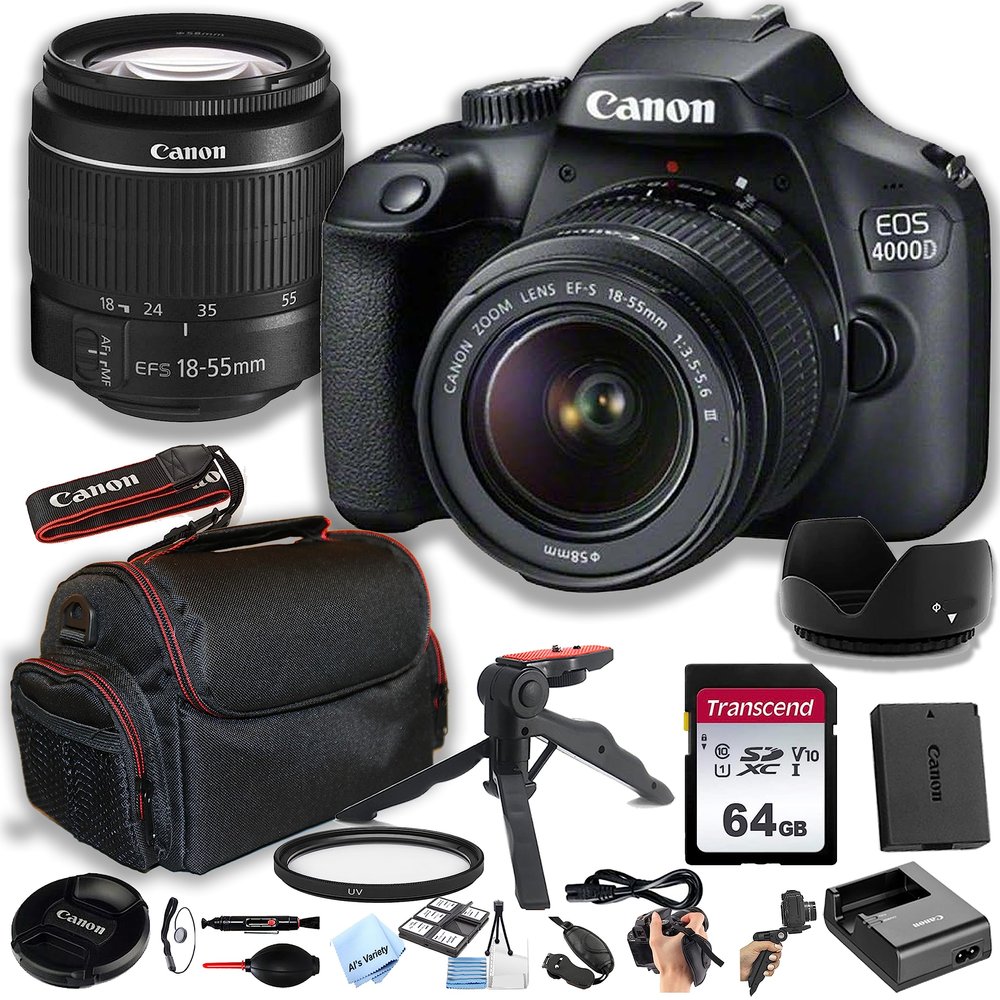 Canon 4000D(EOS Rebel T100) DSLR Camera w/EF-S 18-55mm F/3.5-5.6 Zoom Lens + 64GB Memory Card, Case, Hood, Grip-Pod, Filter, Professional Photo Bundle(23pc) (Renewed)