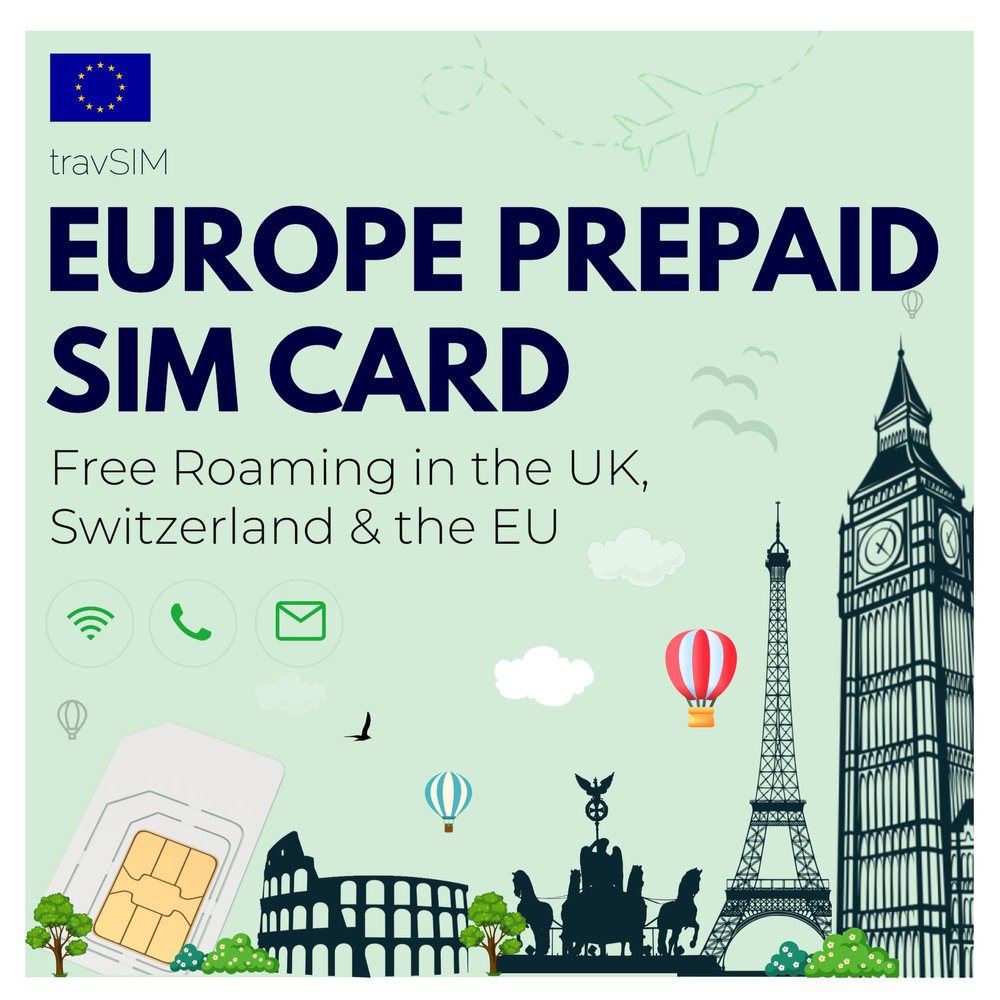 travSIM Europe SIM Card | 30 Days - 10GB Mobile Data | 4G/5G Internet | Free Roaming in UK, Switzerland & 30+ EU Countries | Contact US 7 Days Before Travel