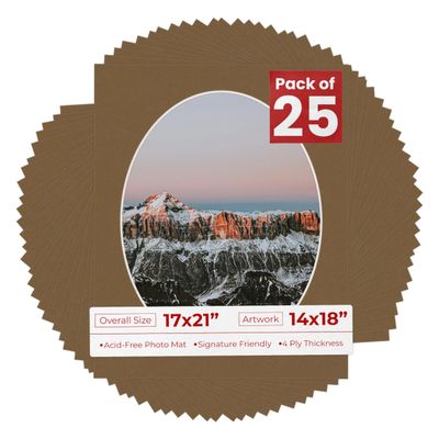 17x21 Mat Bevel Cut for 14x18 Photos - Precut Aged Oak Brown Oval Shaped Photo Mat Board Opening - Acid Free Matte to Protect Your Pictures - Bevel Cut for Family Photos, Pack of 25 Matboards Show