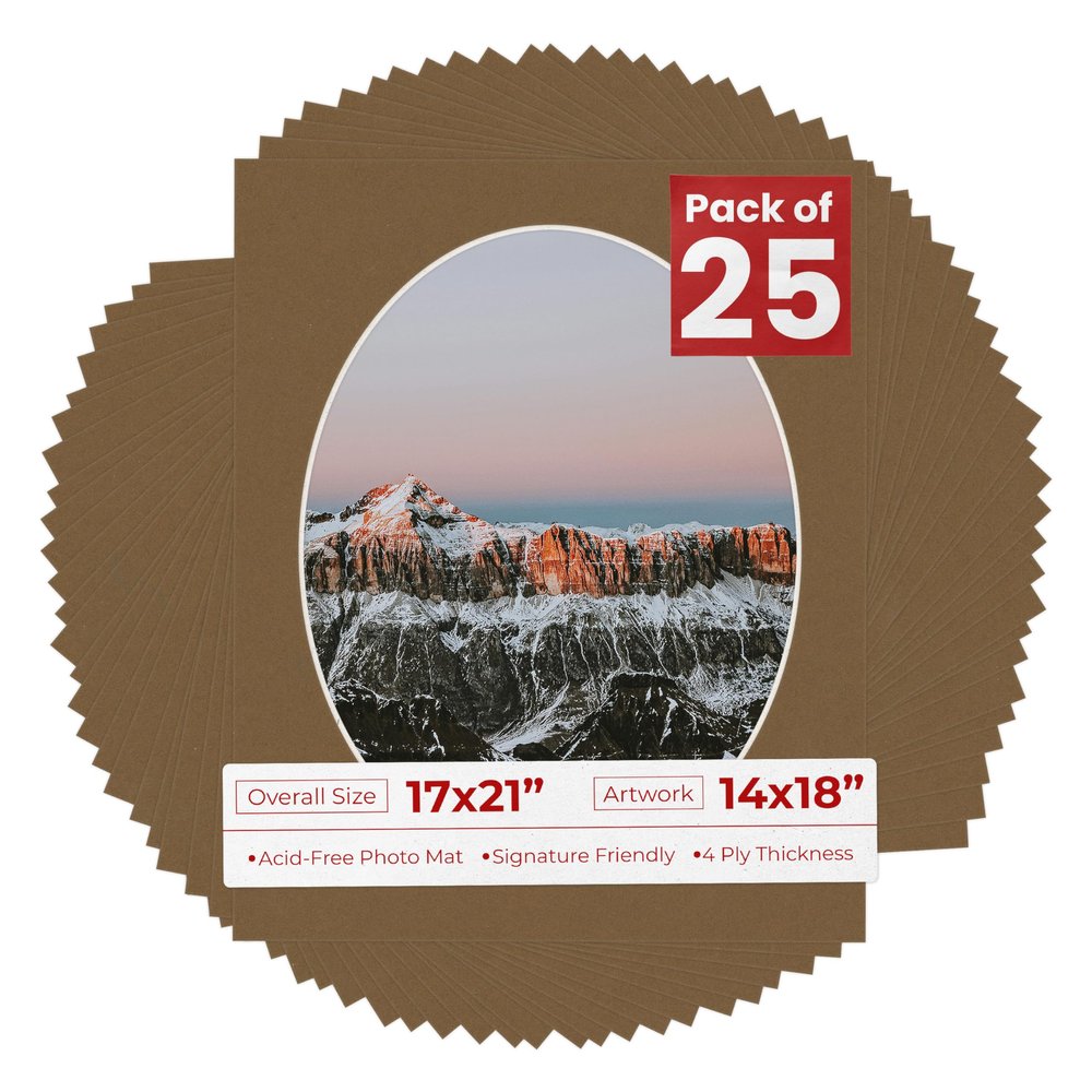 17x21 Mat Bevel Cut for 14x18 Photos - Precut Aged Oak Brown Oval Shaped Photo Mat Board Opening - Acid Free Matte to Protect Your Pictures - Bevel Cut for Family Photos, Pack of 25 Matboards Show
