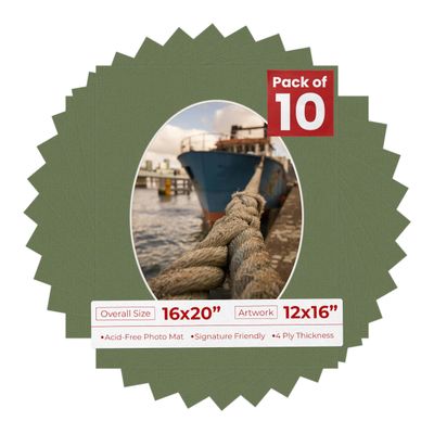 16x20 Mat Bevel Cut for 12x16 Photos - Precut Dill Green Oval Shaped Photo Mat Board Opening - Acid Free Matte to Protect Your Pictures - Bevel Cut for Family Photos, Pack of 10 Matboards Show Kits