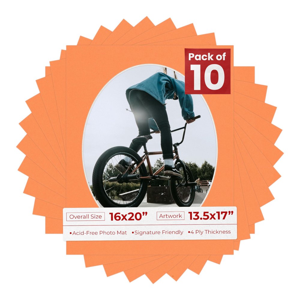 16x20 Mat Bevel Cut for 13.5x17 Photos - Precut Orange Oval Shaped Photo Mat Board Opening - Acid Free Matte to Protect Your Pictures - Bevel Cut for Family Photos, Pack of 10 Matboards Show Kits With