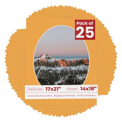 17x21 Mat Bevel Cut for 14x18 Photos - Precut Golden Orange Oval Shaped Photo Mat Board Opening - Acid Free Matte to Protect Your Pictures - Bevel Cut for Family Photos, Pack of 25 Matboards Show Kits