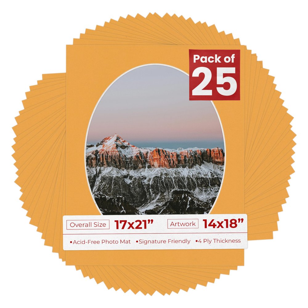 17x21 Mat Bevel Cut for 14x18 Photos - Precut Golden Orange Oval Shaped Photo Mat Board Opening - Acid Free Matte to Protect Your Pictures - Bevel Cut for Family Photos, Pack of 25 Matboards Show Kits