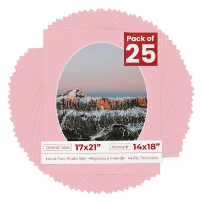 17x21 Mat Bevel Cut for 14x18 Photos - Precut Pink Oval Shaped Photo Mat Board Opening - Acid Free Matte to Protect Your Pictures - Bevel Cut for Family Photos, Pack of 25 Matboards Show Kits With