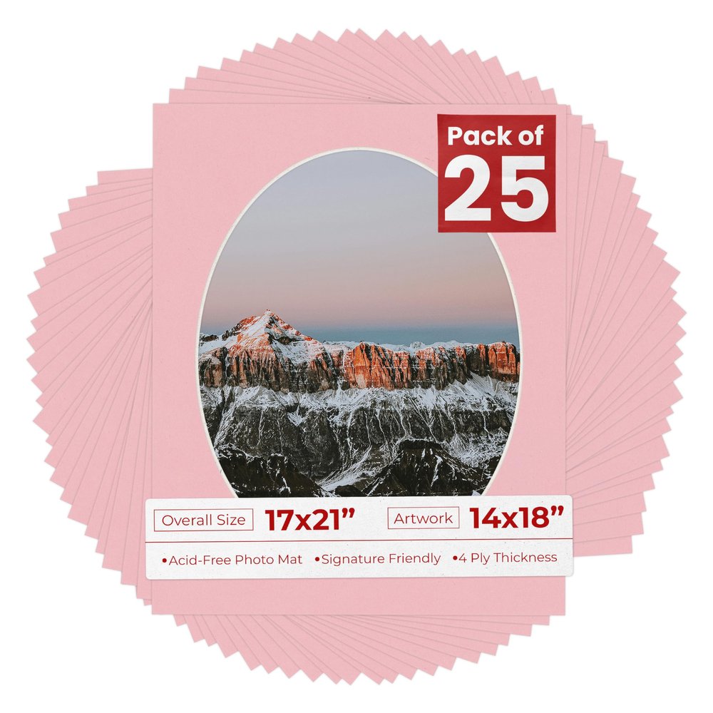 17x21 Mat Bevel Cut for 14x18 Photos - Precut Pink Oval Shaped Photo Mat Board Opening - Acid Free Matte to Protect Your Pictures - Bevel Cut for Family Photos, Pack of 25 Matboards Show Kits With