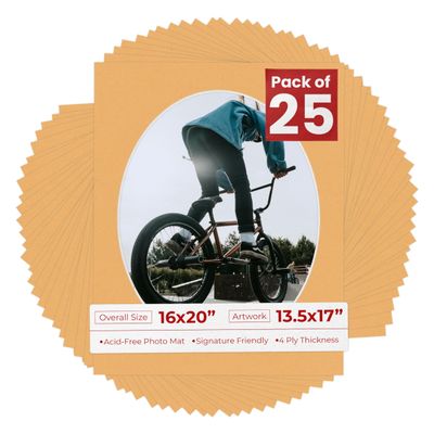 16x20 Mat Bevel Cut for 13.5x17 Photos - Precut Topaz Orange Oval Shaped Photo Mat Board Opening - Acid Free Matte to Protect Your Pictures - Bevel Cut for Family Photos, Pack of 25 Matboards Show