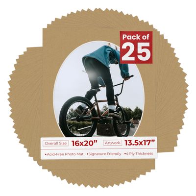16x20 Mat Bevel Cut for 13.5x17 Photos - Precut Rattan Beige Oval Shaped Photo Mat Board Opening - Acid Free Matte to Protect Your Pictures - Bevel Cut for Family Photos, Pack of 25 Matboards Show