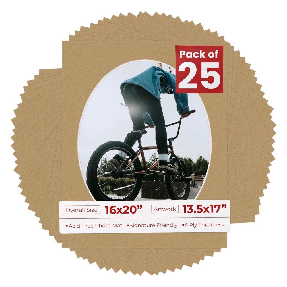 16x20 Mat Bevel Cut for 13.5x17 Photos - Precut Rattan Beige Oval Shaped Photo Mat Board Opening - Acid Free Matte to Protect Your Pictures - Bevel Cut for Family Photos, Pack of 25 Matboards Show