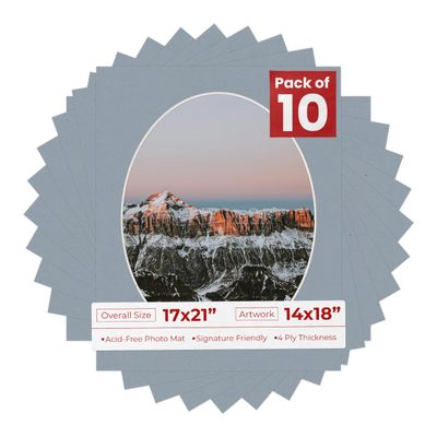 17x21 Mat Bevel Cut for 14x18 Photos - Precut Mid Grey Oval Shaped Photo Mat Board Opening - Acid Free Matte to Protect Your Pictures - Bevel Cut for Family Photos, Pack of 10 Matboards Show Kits With