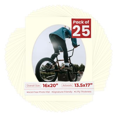 16x20 Mat Bevel Cut for 13.5x17 Photos - Precut Textured Cream Oval Shaped Photo Mat Board Opening - Acid Free Matte to Protect Your Pictures - Bevel Cut for Family Photos, Pack of 25 Matboards Show