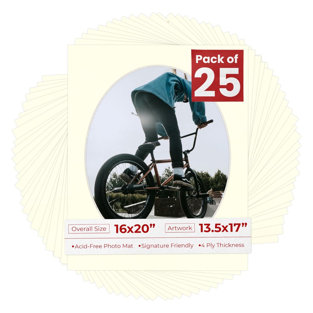 16x20 Mat Bevel Cut for 13.5x17 Photos - Precut Textured Cream Oval Shaped Photo Mat Board Opening - Acid Free Matte to Protect Your Pictures - Bevel Cut for Family Photos, Pack of 25 Matboards Show
