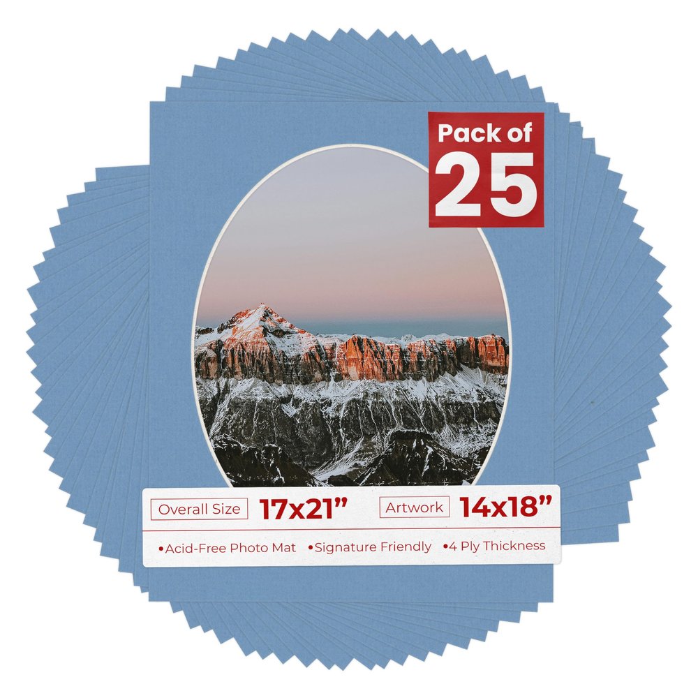 17x21 Mat Bevel Cut for 14x18 Photos - Precut Brittany Blue Oval Shaped Photo Mat Board Opening - Acid Free Matte to Protect Your Pictures - Bevel Cut for Family Photos, Pack of 25 Matboards Show Kits