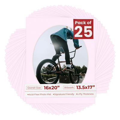 16x20 Mat Bevel Cut for 13.5x17 Photos - Precut Soft Pink Oval Shaped Photo Mat Board Opening - Acid Free Matte to Protect Your Pictures - Bevel Cut for Family Photos, Pack of 25 Matboards Show Kits