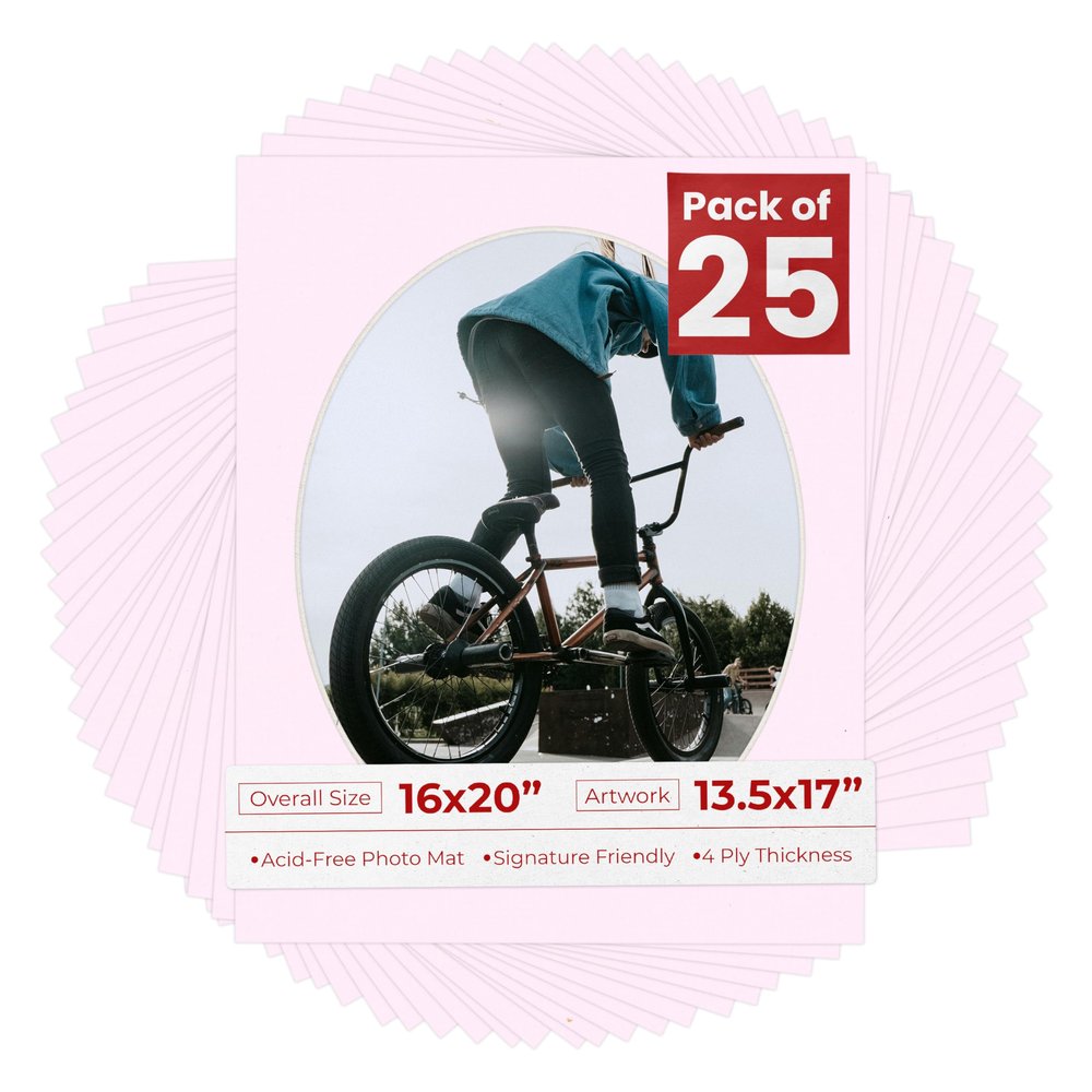 16x20 Mat Bevel Cut for 13.5x17 Photos - Precut Soft Pink Oval Shaped Photo Mat Board Opening - Acid Free Matte to Protect Your Pictures - Bevel Cut for Family Photos, Pack of 25 Matboards Show Kits