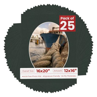 16x20 Mat Bevel Cut for 12x16 Photos - Precut Black Oval Shaped Photo Mat Board Opening - Acid Free Matte to Protect Your Pictures - Bevel Cut for Family Photos, Pack of 25 Matboards Show Kits With