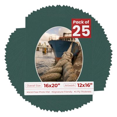 16x20 Mat Bevel Cut for 12x16 Photos - Precut Forest Green Oval Shaped Photo Mat Board Opening - Acid Free Matte to Protect Your Pictures - Bevel Cut for Family Photos, Pack of 25 Matboards Show Kits