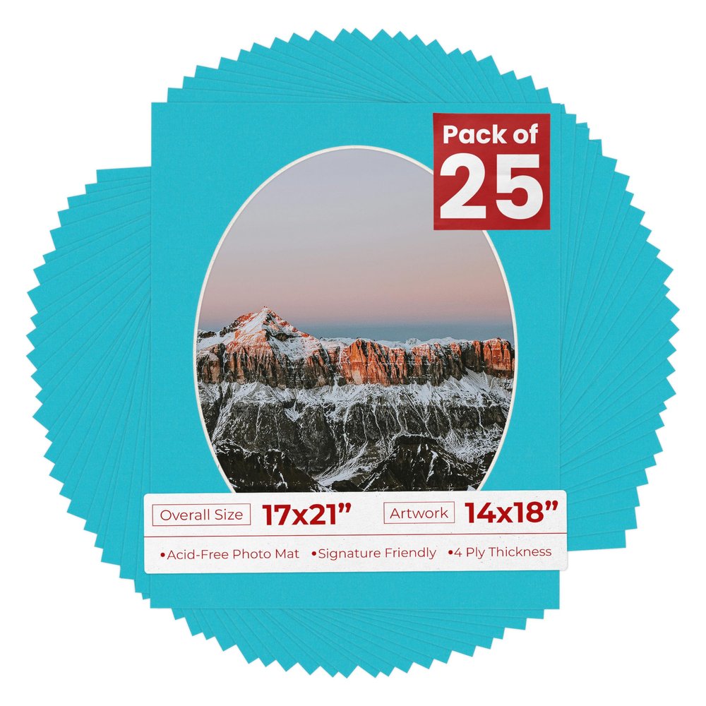 17x21 Mat Bevel Cut for 14x18 Photos - Precut Aquamarine Blue Oval Shaped Photo Mat Board Opening - Acid Free Matte to Protect Your Pictures - Bevel Cut for Family Photos, Pack of 25 Matboards Show