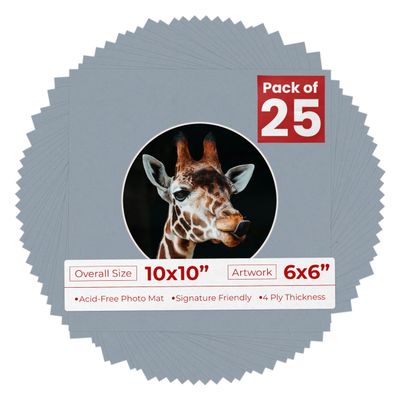 Poster Palooza 10x10 Photo Mat Board for 6x6 Photos Precut Circle Shape Opening Acid Free Bevel Cut Picture Frame Mat, Steel Blue, Mat Board for Framing Photos & Artwork, 25-Pack Matboards Show Kits