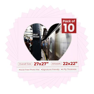 27x27 Mat Bevel Cut for 22x22 Photos - Precut Soft Pink Heart Shaped Photo Mat Board Opening - Acid Free Matte to Protect Your Pictures - Bevel Cut for Family Photos, Pack of 10 Matboards Show Kits