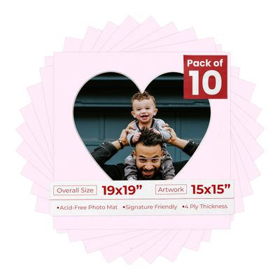 19x19 Mat Bevel Cut for 15x15 Photos - Precut Soft Pink Heart Shaped Photo Mat Board Opening - Acid Free Matte to Protect Your Pictures - Bevel Cut for Family Photos, Pack of 10 Matboards Show Kits