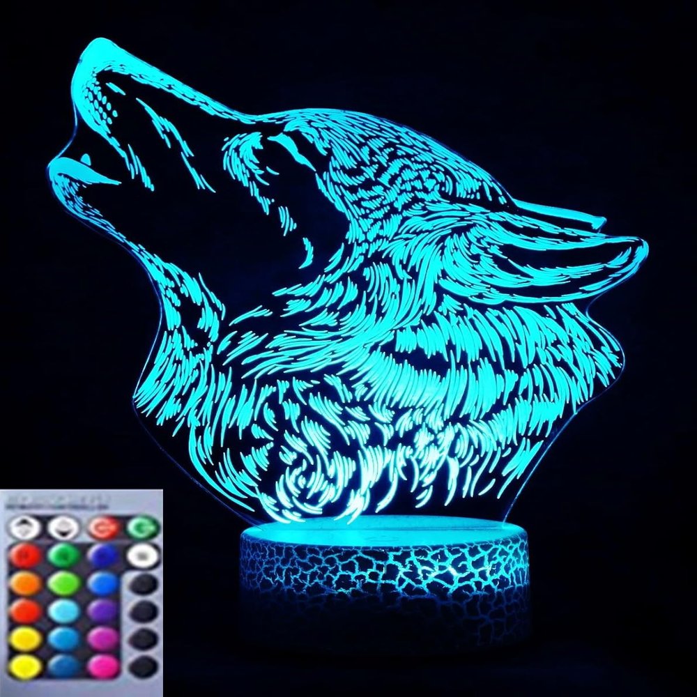 Jinnwell 3D Wolf Night Light Lamp Illusion Night Light 16 Color Changing Table Desk Decoration Lamps Gift Acrylic Flat ABS Base USB Cable Toy