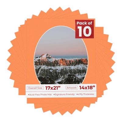 17x21 Mat Bevel Cut for 14x18 Photos - Precut Orange Oval Shaped Photo Mat Board Opening - Acid Free Matte to Protect Your Pictures - Bevel Cut for Family Photos, Pack of 10 Matboards Show Kits With