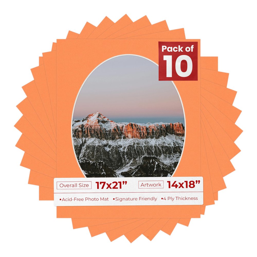 17x21 Mat Bevel Cut for 14x18 Photos - Precut Orange Oval Shaped Photo Mat Board Opening - Acid Free Matte to Protect Your Pictures - Bevel Cut for Family Photos, Pack of 10 Matboards Show Kits With