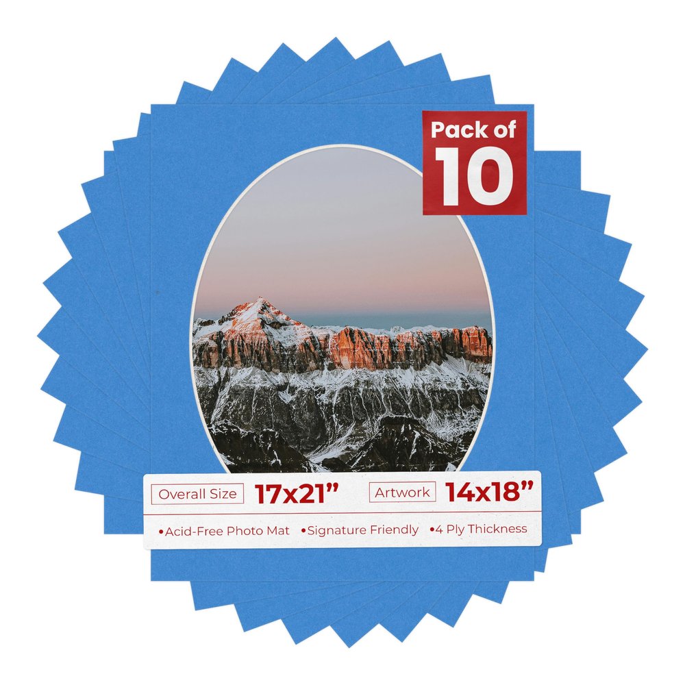 17x21 Mat Bevel Cut for 14x18 Photos - Precut Bay Blue Oval Shaped Photo Mat Board Opening - Acid Free Matte to Protect Your Pictures - Bevel Cut for Family Photos, Pack of 10 Matboards Show Kits With