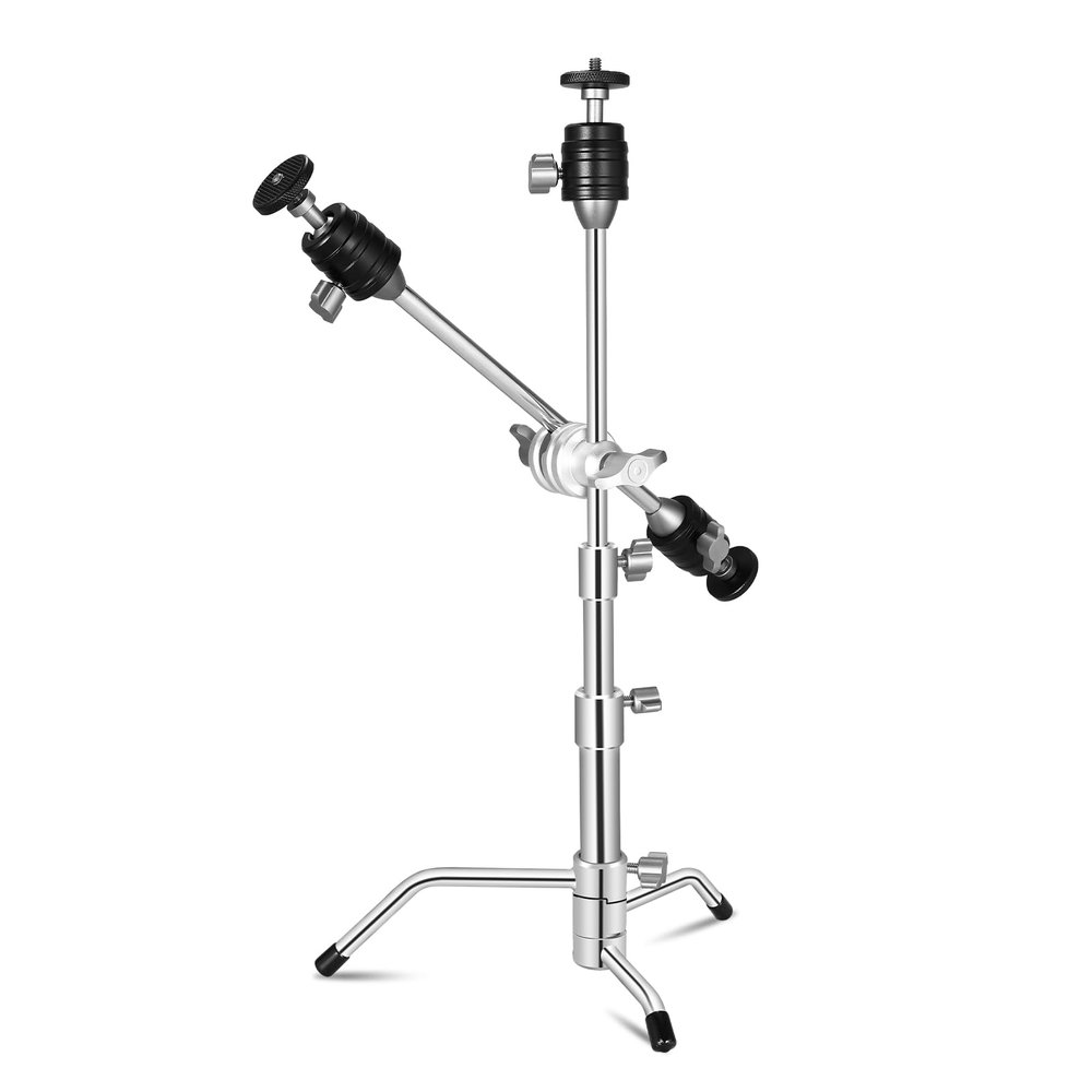 Supon 20" Mini Pocket C Stand, All-Metal Adjustable Small 20.8" C-Stand Short Tripod Stand with 13" Boom Arm Grip Head, 3 Ball Head, Sliding Leg for camera, smartphone, light, mic photography - Silver
