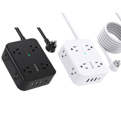 5FT + 10FT Power Strip Surge Protector, Flat Plug, Wall Mount, 8 Wide Outlets with 4 USB Ports (1 USB C), Charging Station Overload Protection for Home Dorm