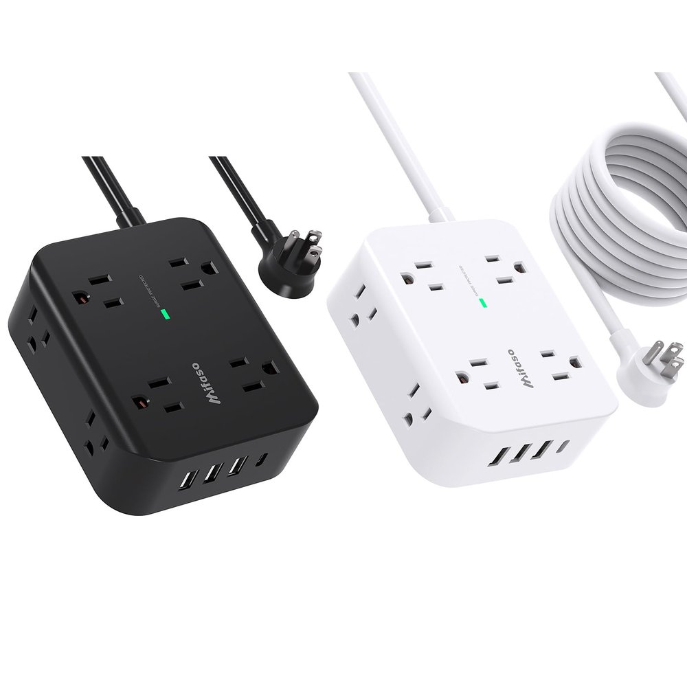 5FT + 10FT Power Strip Surge Protector, Flat Plug, Wall Mount, 8 Wide Outlets with 4 USB Ports (1 USB C), Charging Station Overload Protection for Home Dorm