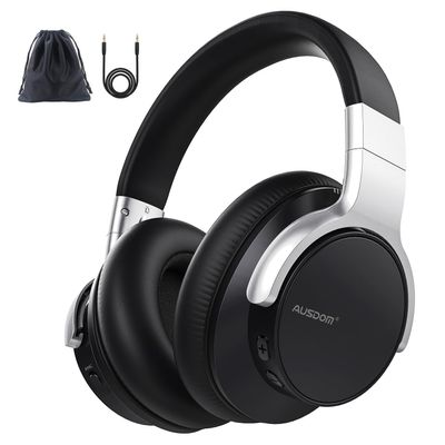 AUSDOM Bluetooth Noise Cancelling Headphones: E7 Wireless Over Ear ANC Headphones with Microphone, 50H Playtime, Hi-Fi Sound, USB C Charge, Comfortable Earpads for Travel Work Adults, Silver Black