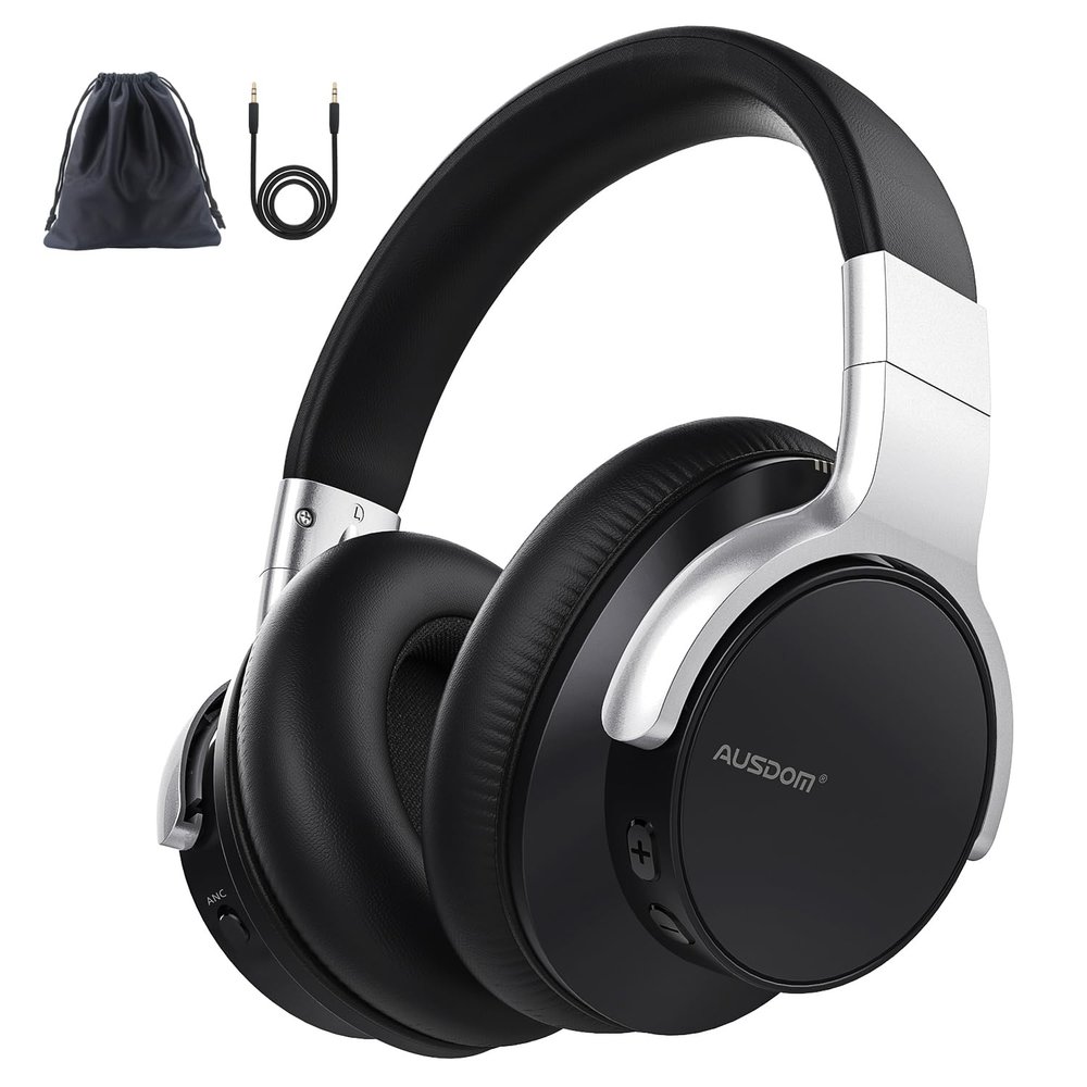 AUSDOM Bluetooth Noise Cancelling Headphones: E7 Wireless Over Ear ANC Headphones with Microphone, 50H Playtime, Hi-Fi Sound, USB C Charge, Comfortable Earpads for Travel Work Adults, Silver Black