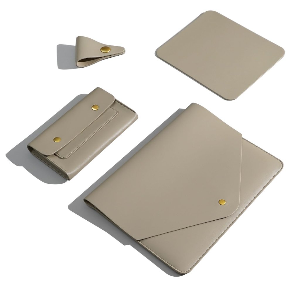 Benfan PU Leather Laptop Sleeve Compatible with New 15.3 inch MacBook Air 2023 2024, Surface Laptop 15, Surface Book 13.5, Surface Laptop Studio Color Khaki