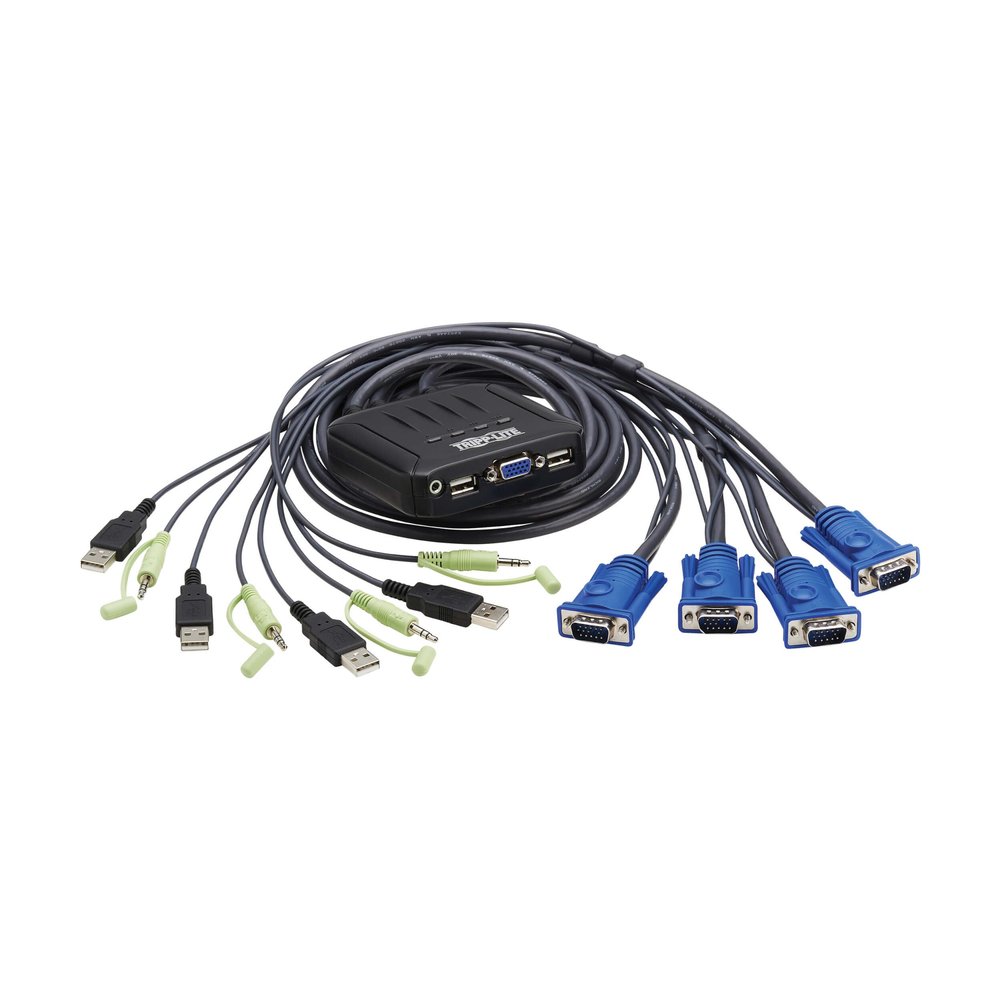 Tripp Lite 4-Port KVM Switch with Built-in VGA Cables Audio & USB for Keyboard Mouse, Desktop PC, 4 Computers 1 Monitor, Plug and Play - Windows, macOS, Linux Compatible - 3-Year Warranty (B032-VUA4)