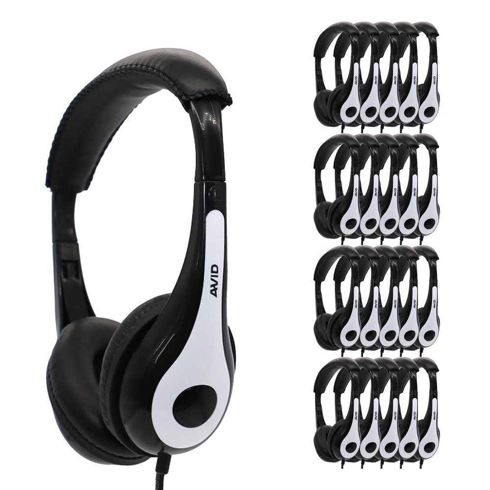 Avid Products AE-35 White Classroom Personal Headphones with 3.5mm Plug, No Mic (100 Pack)