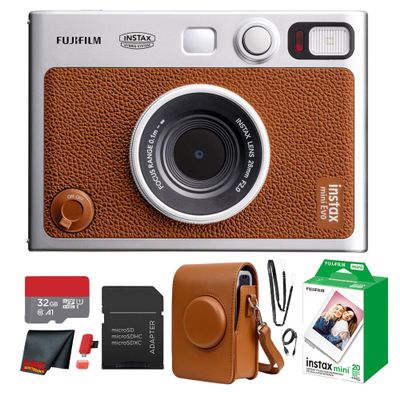 Fujifilm Instax Mini EVO Hybrid Instant Camera (Brown) Bundle with Instax-Mini Twin Pack Instant-Film 20 Sheets + 32GB Memory Card + Vintage Brown Mini-Evo Camera Case + Cleaning Cloth