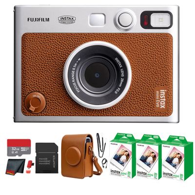 Fujifilm Instax Mini EVO Hybrid Instant Camera (Brown) Bundle with Instax-Mini Twin Pack Instant-Film 60 Sheets + 32GB Memory Card + Vintage Mini-Evo Camera Case + Cleaning Cloth