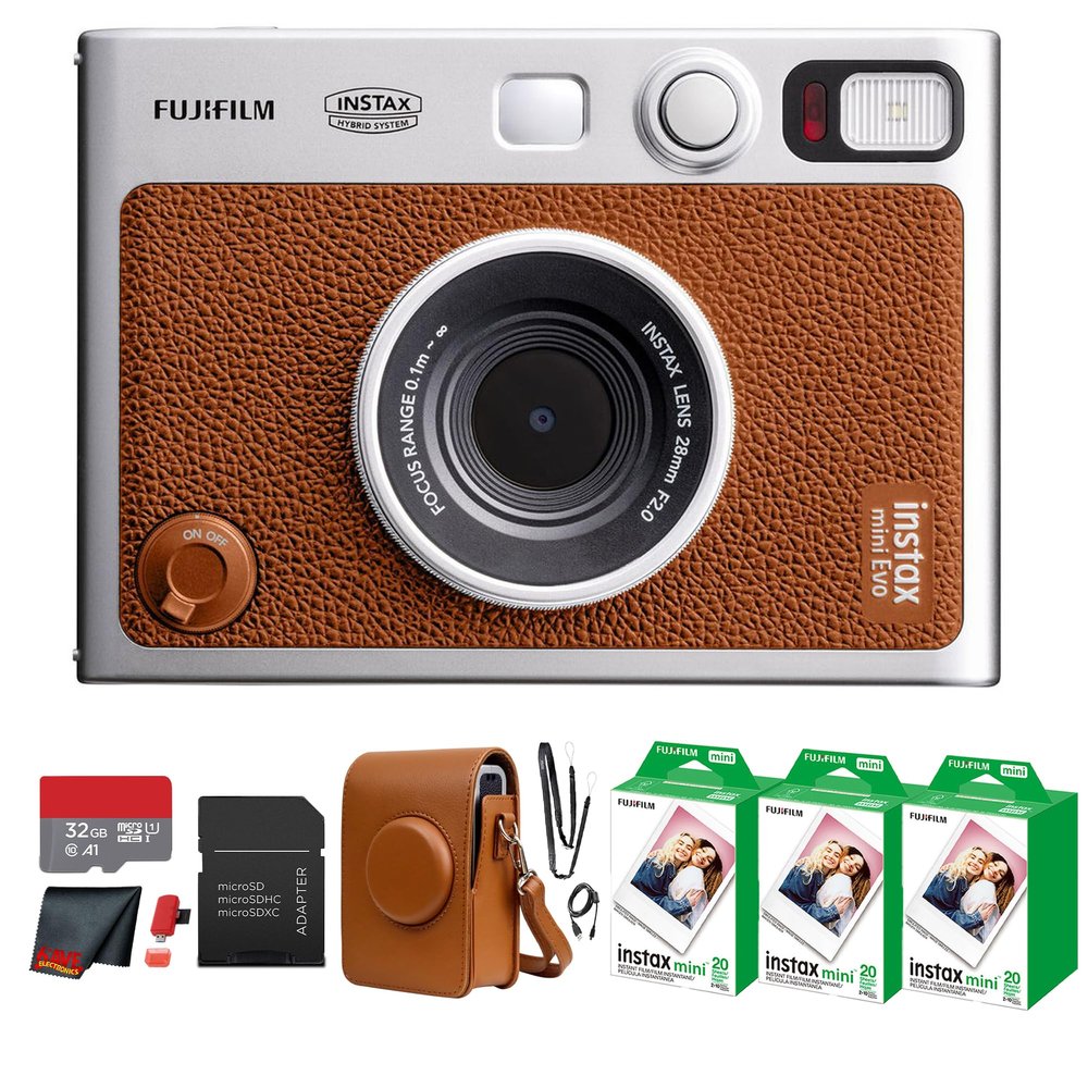 Fujifilm Instax Mini EVO Hybrid Instant Camera (Brown) Bundle with Instax-Mini Twin Pack Instant-Film 60 Sheets + 32GB Memory Card + Vintage Mini-Evo Camera Case + Cleaning Cloth