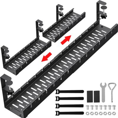 31Inch Extendable Under Desk Cable Management Tray, Metal Cable Management Tray Under Desk Cord Management with Clamp, Extendable Power Strip Cord Holder for Wire Cable Management