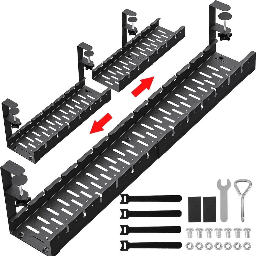 31Inch Extendable Under Desk Cable Management Tray, Metal Cable Management Tray Under Desk Cord Management with Clamp, Extendable Power Strip Cord Holder for Wire Cable Management