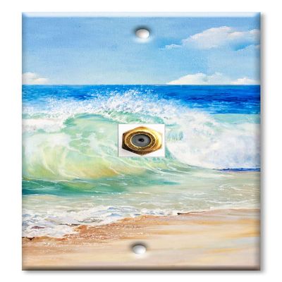 Art Plates - Decorative Printed 1 Port Coax Cable Wall Plate, 3GHz Coaxial Cable Connector, F-Type RG6 - RG59 Cable Extender Male to Male, Gold-Plated - Beach Painting