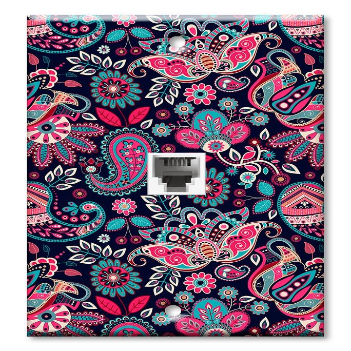 Art Plates - One Port RJ11 - Telephone decorative printed keystone style wall plate. CAT3 - RJ12 Female to Female phone jack. Works for phones, fax, ect. - Pink Paisley