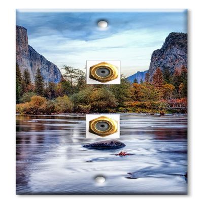 Art Plates - Decorative Printed 2 Port Coax Cable Wall Plate, 3GHz Coaxial Cable Connector, F-Type RG6 - RG59 Cable Extender Male to Male, Gold-Plated - River Between Mountains