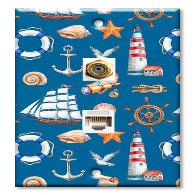 Art Plates - Decorative Printed 2 Port Data Wall Plate, RJ11 Telephone Jack Connector with RJ45 (Cat5, Cat6, Cat7) Ethernet Connector, Gold-Plated - Nautical Seamless